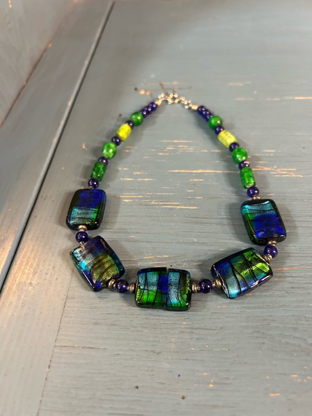 Murano Blue and Green Dichroic Glass Necklace - Picture 6 of 8